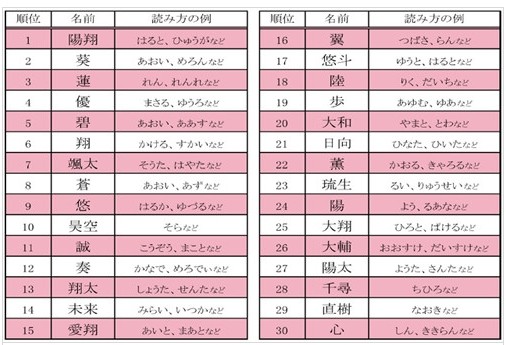 2013-2014年日本男宝宝人气名字排行榜-日本