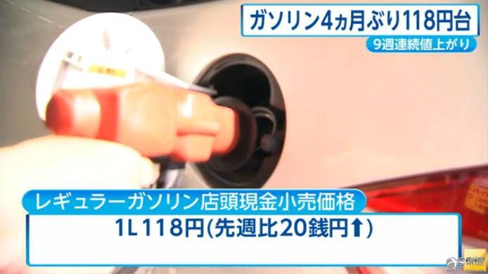 日本全国汽油平均零售价连续9周上涨