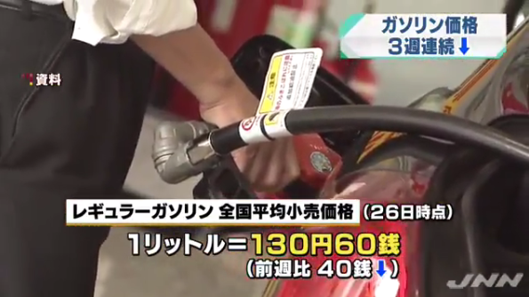 日本全国汽油平均零售价连续三周下滑