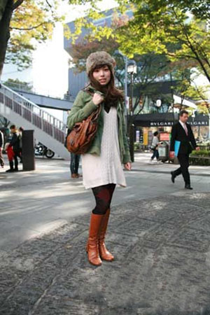 街拍东京少女时尚格子、绒毛