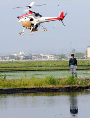 日本东北海啸灾区部分水田进行无人驾驶直升机播种作业