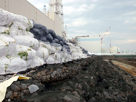 东京电力公开福岛第一核电站临时防潮堤照片