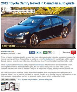丰田新款凯美瑞在加拿大汽车媒体上披露