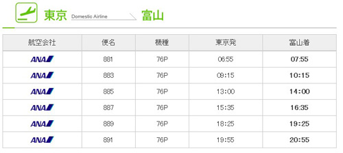 富山与东京的航班信息