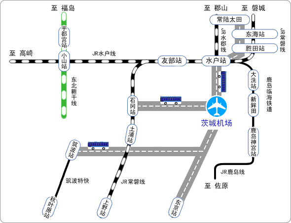 茨城机场与各地的电车路线指南图