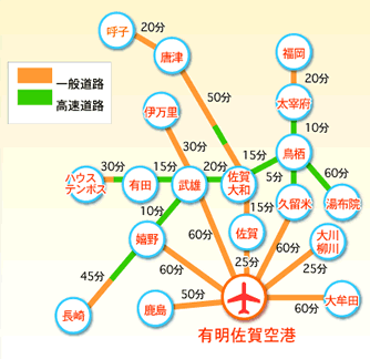 驾车到佐贺机场的交通示意图