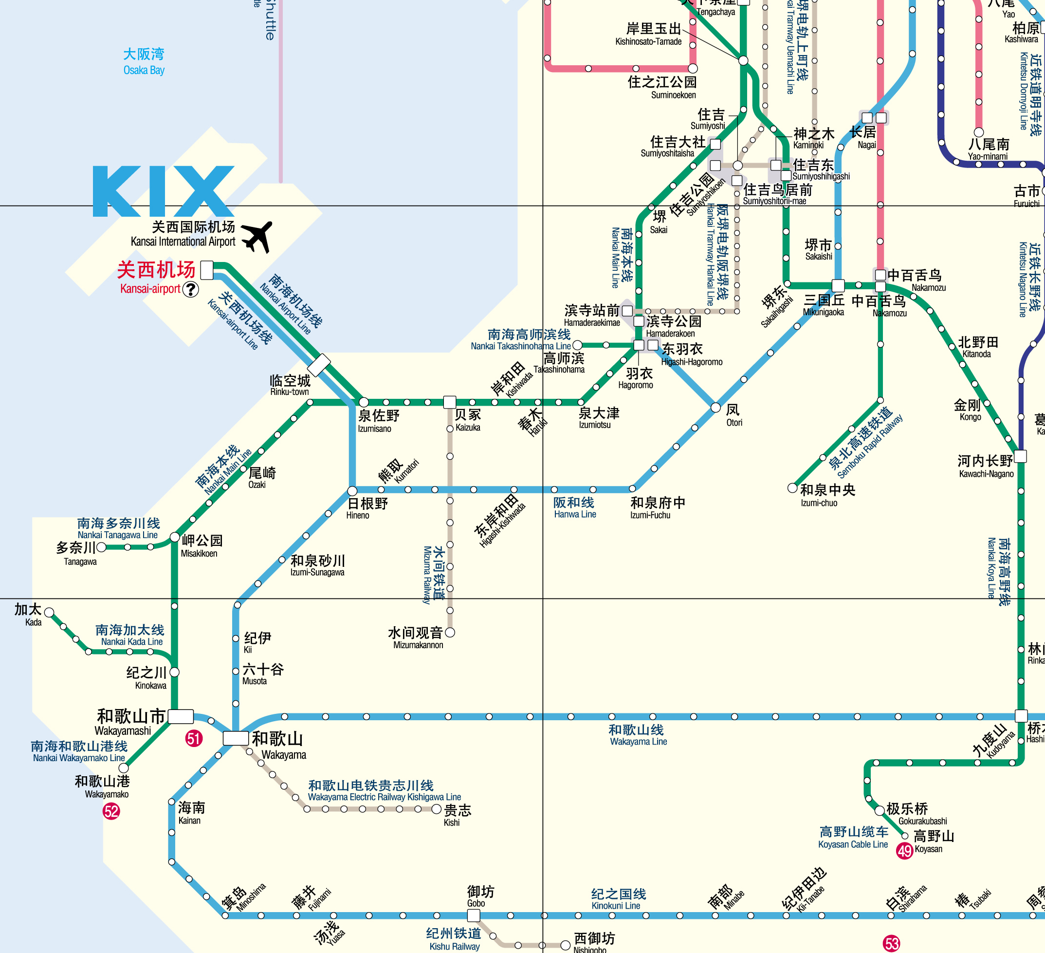 和歌山县与关西机场的铁道交通图
