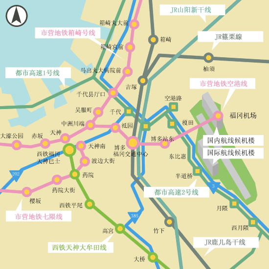 福冈机场周边的交通指南图