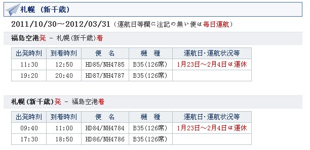 福岛机场的航班时刻表