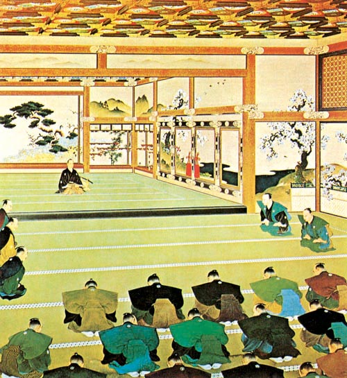 德川幕府第十五代将军德川庆喜在京都的二条城大殿宣布"大政奉还",把