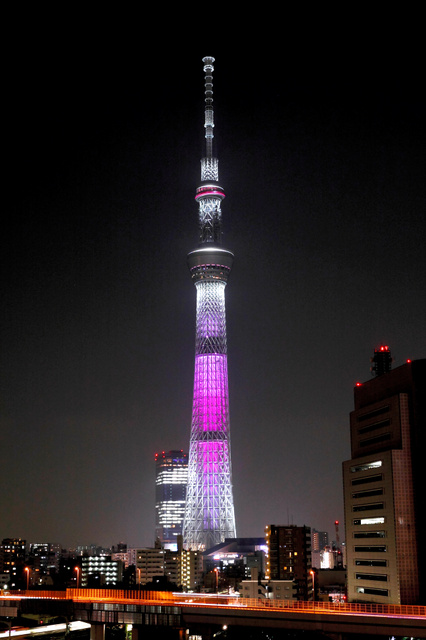 东京天空树,为樱花节限时推出以"观赏樱花夜景"为主题的"樱花特别灯光