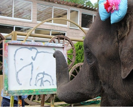 市原大象国亚洲象“梦花”举行首次个人作品展
