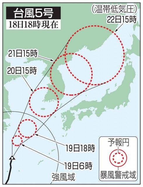 5号台风“丹娜丝”预计21日登陆九州岛，附近海域将伴有强降雨