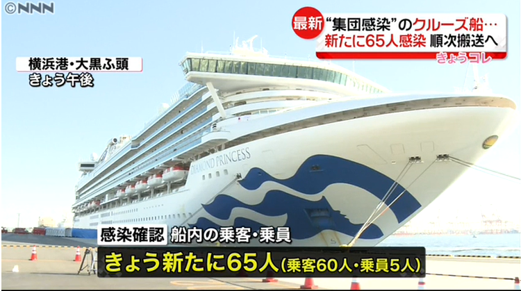 “钻石公主号”邮轮新增确诊病例65人，日本累计感染人数上升至161人