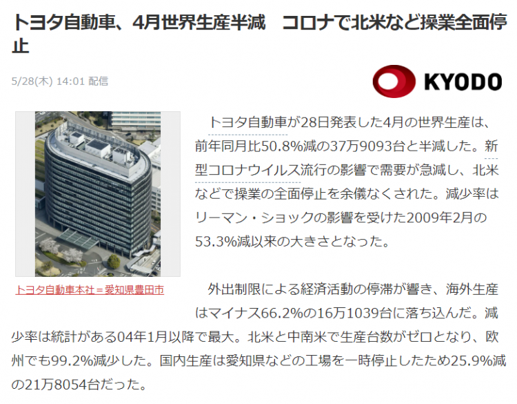 丰田汽车4月全球产量同比减少50.8%,北美工厂全面停工 丰田汽车4月全球产量同比减少50.8%,北美工厂全面停工