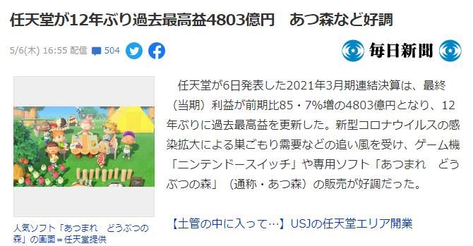 任天堂公布财报：净利润4803亿日元破纪录，Switch总销量8459万台